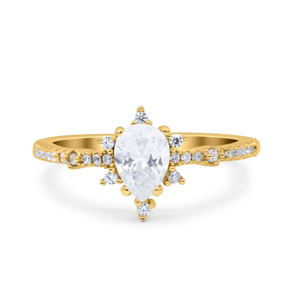 Yellow Tone, Simulated Cubic Zirconia Size-6 Starburst Teardrop Dainty Art Deco Pear Wedding Engagement Bridal Ring 925 Sterling Silver