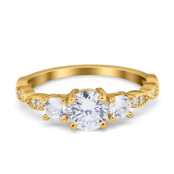 Yellow Tone, Simulated Cubic Zirconia Size-6 Three Stone Art Deco Vintage Engagement Bridal Ring 925 Sterling Silver