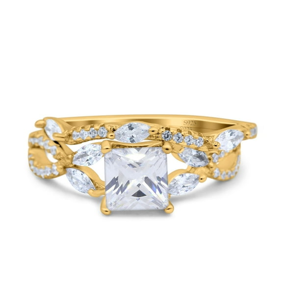 Yellow Tone, Simulated Cubic Zirconia Size-6 Two Piece Bridal Set Art Deco Princess Cut Wedding Engagement Marquise 925 Sterling Silver