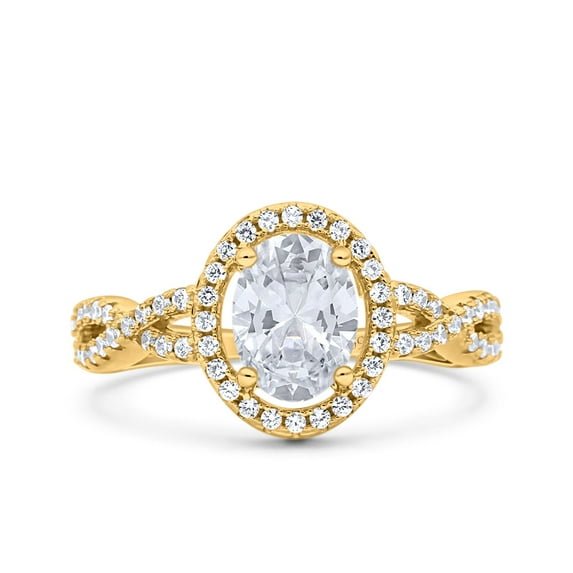 Yellow Tone, Simulated Cubic Zirconia Size-7 Halo Infinity Shank Ring Oval 925 Sterling Silver
