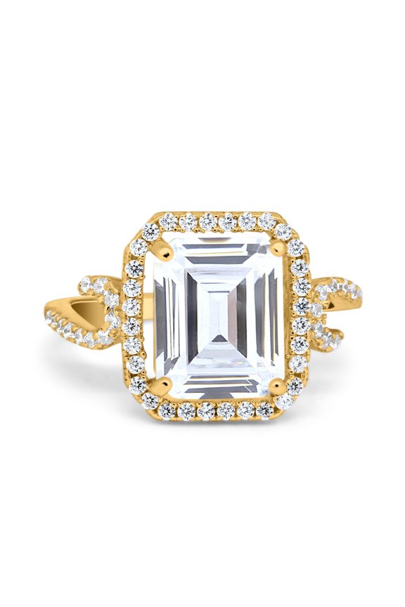 Yellow Tone, Simulated Cubic Zirconia Size-7 Halo Radiant Cut Wedding Engagement Ring 925 Sterling Silver