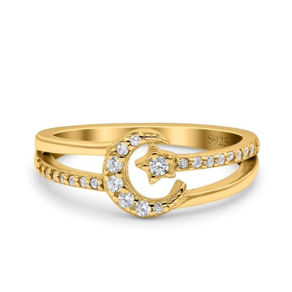 Yellow Tone, Simulated Cubic Zirconia Size-7 Moon Star Ring Split Shank Wedding Ring Band 925 Sterling Silver