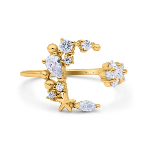 Yellow Tone, Simulated Cubic Zirconia Size-7 Moon & Star Ring Wedding Engagement Band 925 Sterling Silver
