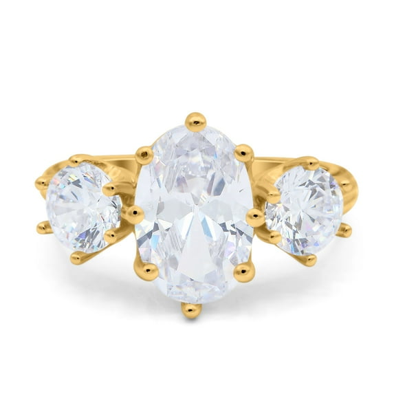 Yellow Tone, Simulated Cubic Zirconia Size-7 Oval Art Deco Three Stone Engagement Ring 925 Sterling Silver