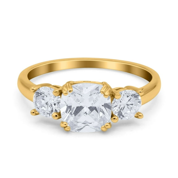 Yellow Tone, Simulated Cubic Zirconia Size-8 Cushion Cut Round Three Stone Art Deco Engagement Ring 925 Sterling Silver