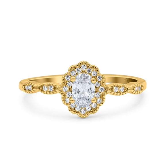 Yellow Tone, Simulated Cubic Zirconia Size-8 Halo Vintage Floral Art Deco Wedding Bridal Ring Oval 925 Sterling Silver