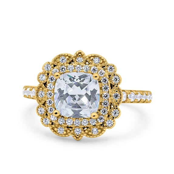 Yellow Tone, Simulated Cubic Zirconia Size-8 Halo Vintage Style Art Deco Solitaire Accent Cushion Wedding Engagement Ring 925 Sterling Silver