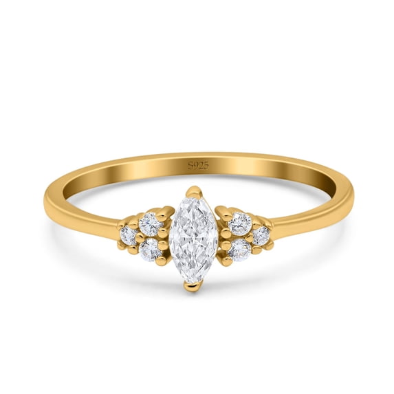 Yellow Tone, Simulated Cubic Zirconia Size-8 Marquise Art Deco Engagement Ring Round 3 Stone 925 Sterling Silver