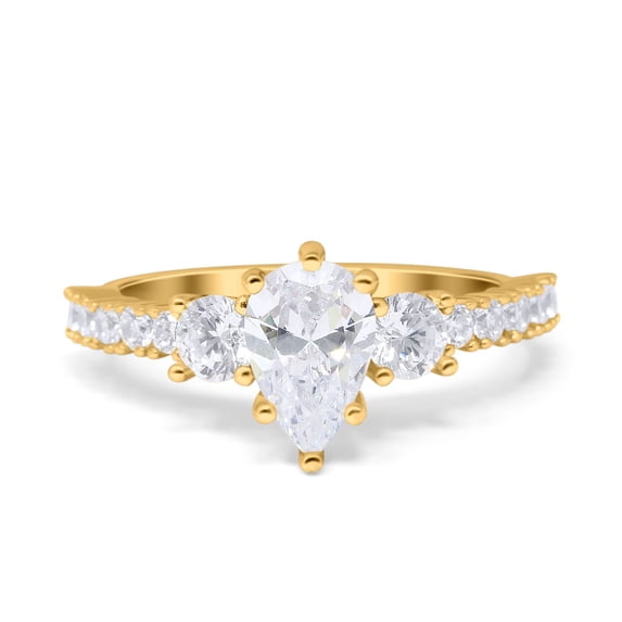 Yellow Tone, Simulated Cubic Zirconia Size-8 Teardrop Pear Art Deco Three Stone Accent Engagement Ring 925 Sterling Silver