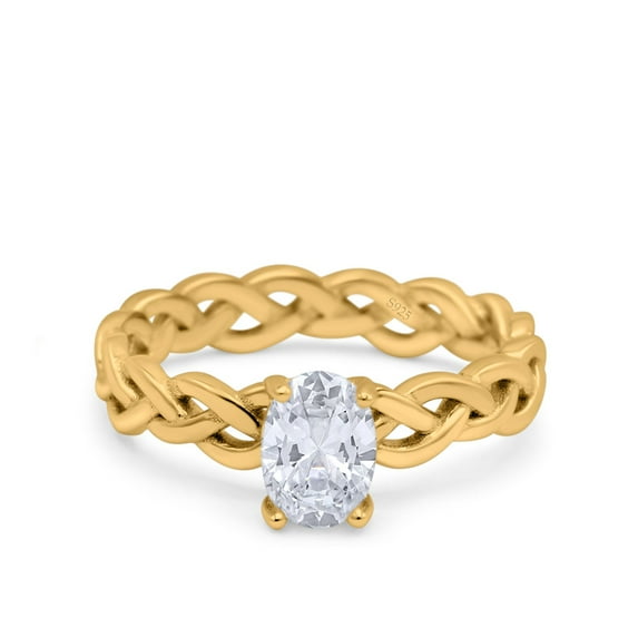 Yellow Tone, Simulated Cubic Zirconia Size-9 Celtic Weave Braided Style Oval Wedding Engagement Ring 925 Sterling Silver