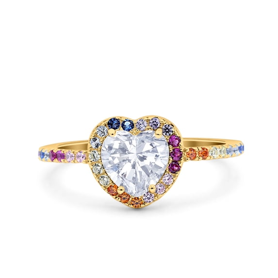 Yellow Tone, Simulated Cubic Zirconia Size-9 Heart Art Deco Multi Color Wedding Bridal Ring 925 Sterling Silver