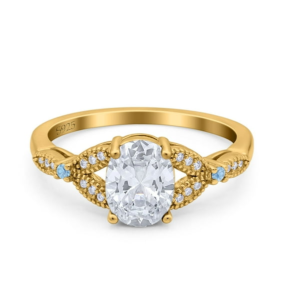 Yellow Tone, Simulated Cubic Zirconia Size-9 Oval Blue Aquamarine Art Deco Wedding Engagement Bridal Ring Accent Vintage 925 Sterling Silver