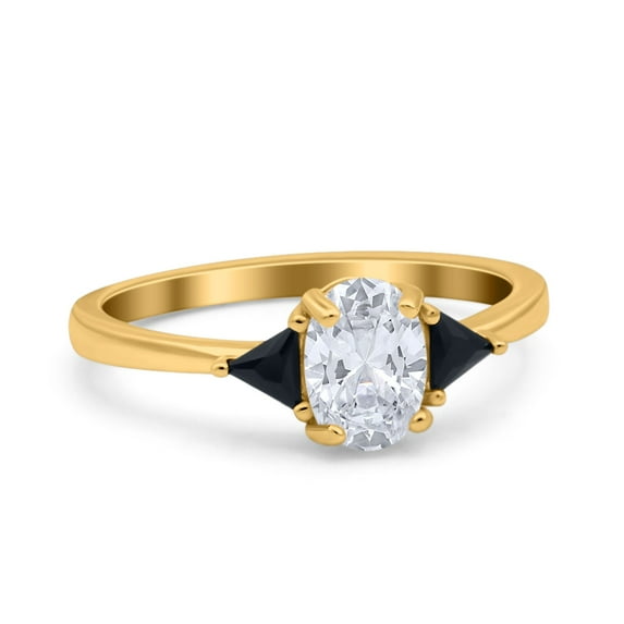 Yellow Tone, Simulated Cubic Zirconia Size-9 Vintage Art Deco Oval Wedding Engagement Bridal Ring Triangle Black 925 Sterling Silver