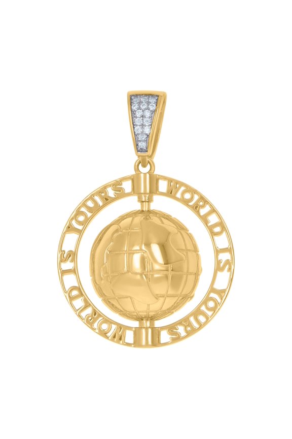 Yellow-Tone Sterling Silver Mens Round Cubic Zirconia World Globe Charm Pendant