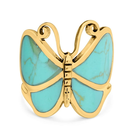 Yellow Tone, Turquoise CZ Size-4 Butterfly Ring Band Oxidized 925 Sterling Silver