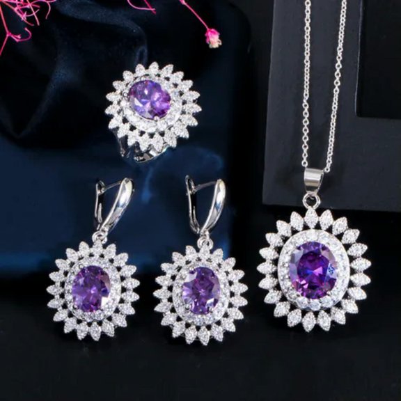 Yellow Topaz Round Sun Flower Shape Necklace Huggie Earrings Fashion Jewelry Set