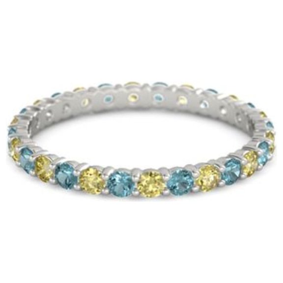 Yellow Tourmaline With London Blue Topaz Round 2.50 MM 925 Sterling Silver Women Stackable Ring