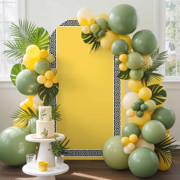Yellow Traditional Arch Backdrop Cover, 7.2FT, Greek Key Meander Border Square Geometric Spandex Arch Covers Double-Sided Backdrop for Wedding Birthday Party Photo Background Decoration