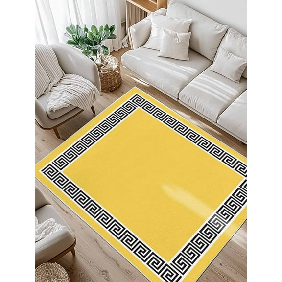 Yellow Traditional Area Rug for Bedroom 4x6 Ft Greek Key Meander Border Square Geometric Super Soft fuzzy Throw Rug Non-Slip Fluffy Plush Indoor Floor Carpet for Living Room Nursery Home Decor