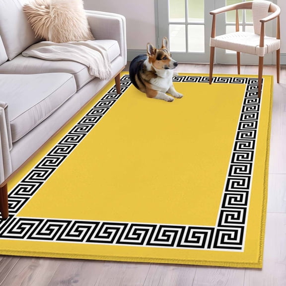 Yellow Traditional Area Rugs 4x6 ft Greek Key Meander Border Square Geometric Washable Rug Non Slip Indoor Carpet Absorbent Floor Mat for Living Room Bedroom Dining Room