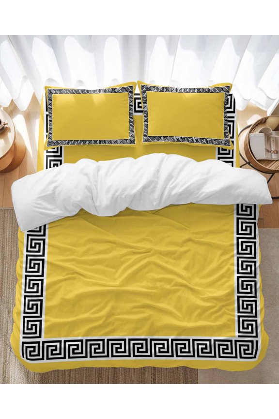 Yellow Traditional Bedding Duvet Cover Set Twin Size 4 Pieces Greek Key Meander Border Square Geometric Bedding Set with Zipper Closure, 1 Comforter Cover 68x86 Inches 1 Flat Sheet & 2 Pillow Cases