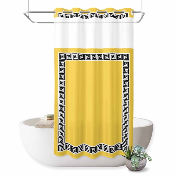 Yellow Traditional No Hook Shower Curtain Greek Key Meander Border Square Geometric Shower Curtain with See Through Top Window, Waterproof Washable Fabric Curtain for Bathroom Hotel Decor, 36Wx72L