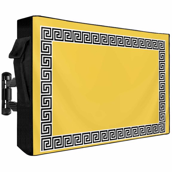 Yellow Traditional Outdoor TV Cover 30 to 32 inch Greek Key Meander Border Square Geometric Waterproof Dustproof TV Covers for Outside with Zipper Remote Control Pocket Flat Screen Protectors