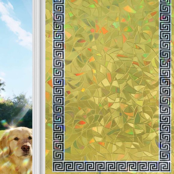 Yellow Traditional Rainbow Window Privacy Film, Greek Key Meander Border Square Geometric Stained Glass Window Film, Sun Blocking Static Cling Non Adhesive Door Stickers 19.6 x 39.3 Inches