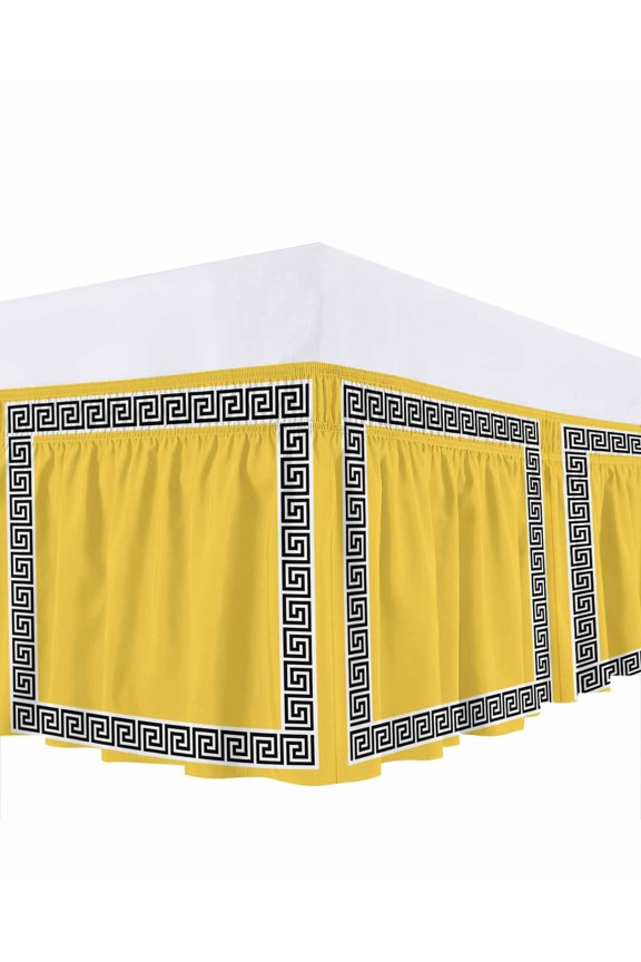 Yellow Traditional Ruffle Bed Skirt King Size Greek Key Meander Border Square Geometric Adjustable Elastic Dust Bed Skirts Wrap Around Bedskirt Wrinkle Free Easy Fit with 16 Inch Drop
