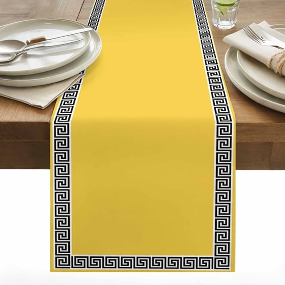 Yellow Traditional Table Runner 13x120 inch Greek Key Meander Border Square Geometric Cotton Linen Dining Table Runner Ideal for Dresser Kitchen Coffee Tables - Machine Washable