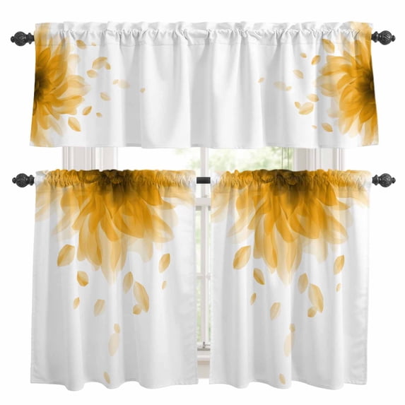 Yellow Translucent Floral Kitchen Curtains Valances and Tiers Set of 3 Gradient Art Watercolor Decor Tier Curtains and Valance with Rod Pocket for Small Windows, 27.5"x24"