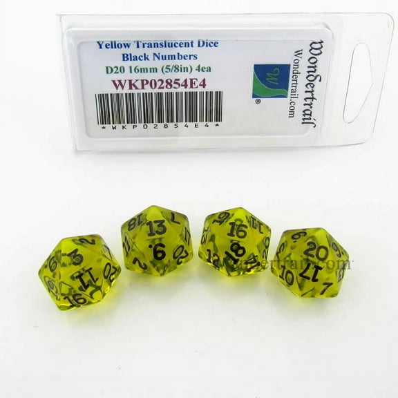 Yellow Transparent Dice with Black Numbers D20 16mm (5/8in) Pack of 4 Wondertrail