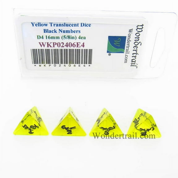 Yellow Transparent Dice with Black Numbers D4 16mm (5/8in) Pack of 4 Wondertrail