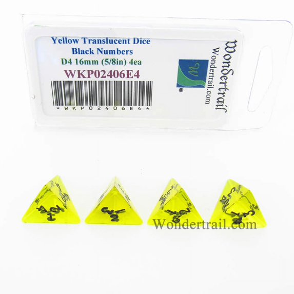 Yellow Transparent Dice with Black Numbers D4 16mm (5/8in) Pack of 4 Wondertrail