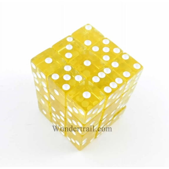 Yellow Transparent Squared Corner Dice with White Pips D6 12mm (1/2in) Pack of 36 Koplow Games