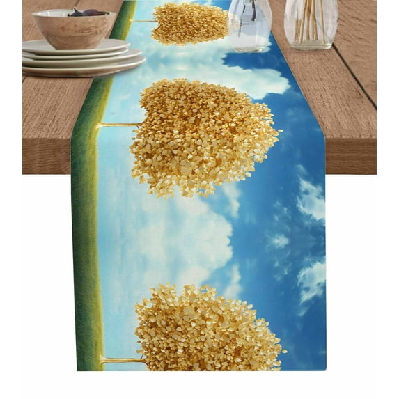 Yellow Tree Leaves Burlap Cotton Table Runner 13x60 Inches Long, Gradient Blue Sky Retro Watercolor Farmhouse Table Runners, Outdoor Dining Tablecloths Decor for Baby Shower/Party/Wedding