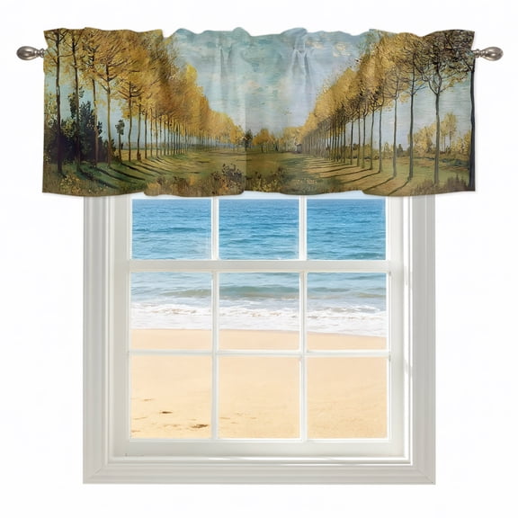 Yellow Tree Lined Path Valances for Windows, Rod Pocket Kitchen Valance Curtains - Soft & Washable Small Window Treatment for Living Room, Bathroom, Blue Sky Oil Painting 54x18inch, 1 Panel