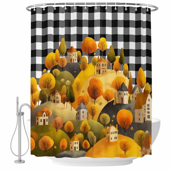 Yellow Trees Fall Shower Curtain, Waterproof Shower Curtains for Bathroom, Autumn Hills Thanksgiving House Rustic Plaid Washable Fabric Bathtub Curtain Set Bath Decor with 12 Hooks Stall 36"x72"