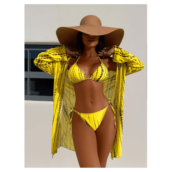 Yellow Triangle Bikini Set - Sheer Cover Up Swimsuit for Women; Sunny Floral Print Beachwear; Two Piece Bathing Suit; Summer Vacation Swimsuits; Long Sleeve Beach Cover-Up