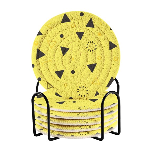 Yellow Triangle Dots 4in Bar Coasters Set of 6 with Storage Rack Durable Heat Resistant