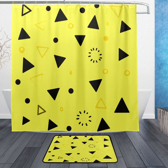 Yellow Triangle Dots Bathroom Accessory Sets Waterproof Shower Curtain with Anti-Slip Bath Mat Durable Combo