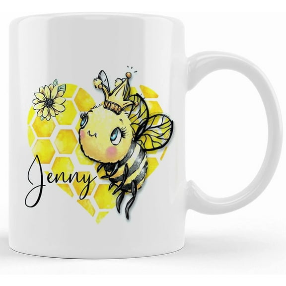 Yellow Trim Bumble Bee Honeycomb Heart Gift Mug Friendship Grandparents Bee Keeper Friendship Present, Ceramic Novelty Coffee Mug, Tea Cup, Gift Present For Birthday