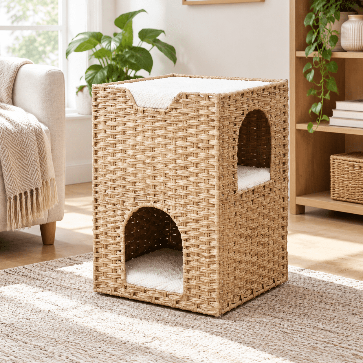 Pe Rattan Yellow Triple-Layer Foldable PE Rattan Cat House with 2 Entrances & 3 ...