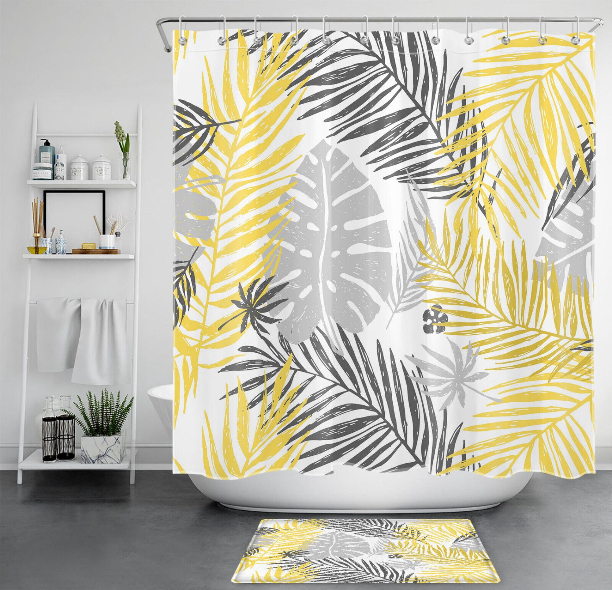 Yellow Tropical Plant Leaf Black and Grey Shower Curtain Set for