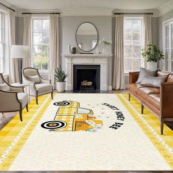 Yellow Truck Area Rugs 6'x9', Small Throw Rugs for Kitchen Dining room, Spring Bees Daisy Car Star Buffalo Plaid Lines Indoor Outdoor Rug Non-Slip Low Pile Carpet Runner Reversible Floor Mats
