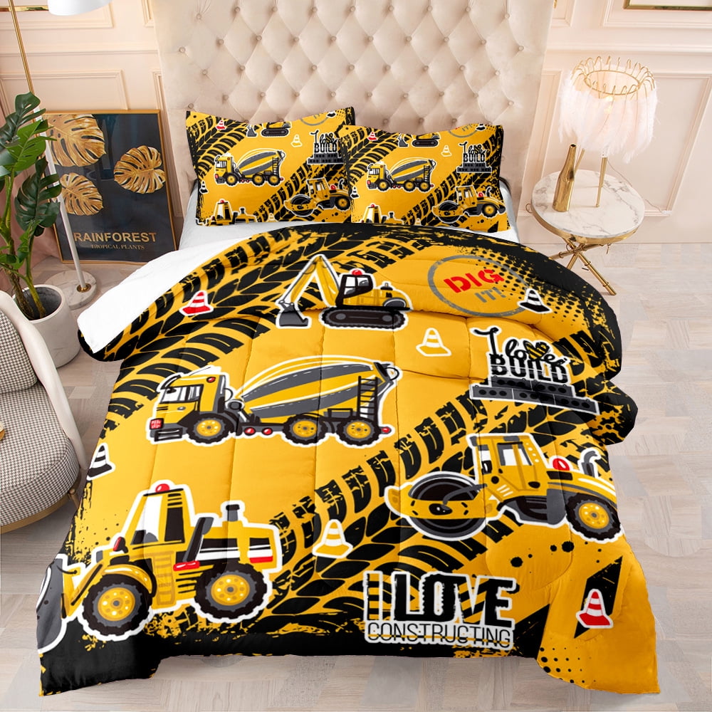 Yellow Truck Bedding Sets Construction Machinery Truck Duvet Set Cartoon Excavator Tractor Quilt Cover Vehicles Cars Bed Set Kids Home Decor With 1 Comforter, 2 Pillowcases Twin 68x86inches