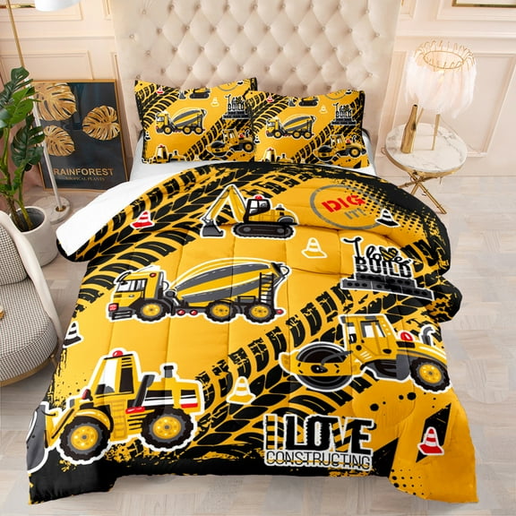 Yellow Truck Bedding Sets Construction Machinery Truck Duvet Set Cartoon Excavator Tractor Quilt Cover Vehicles Cars Bed Set Kids Home Decor With 1 Comforter, 2 Pillowcases Twin 68x86inches