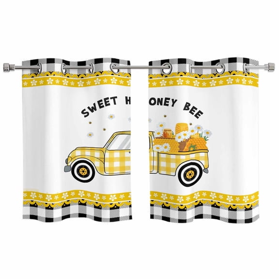 Yellow Truck Kitchen Curtains Window Panels, Spring Bees Daisy Honey Black Buffalo Lattice Insulated Window Treatment Curtain, Grommet Curtains for Bedroom/Living Room/Bathroom, 2 Piece 27.5"Wx39"L