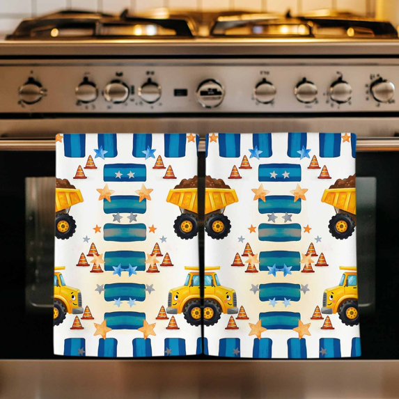 Yellow Truck Kitchen Towels Set of 4, Stars Navy Blue Checkered Modern Art Absorbent Dish Towels for Kitchen, Microfiber Hand Towel, Quick Drying Tea Towel for Cleaning Decorative Dishcloths