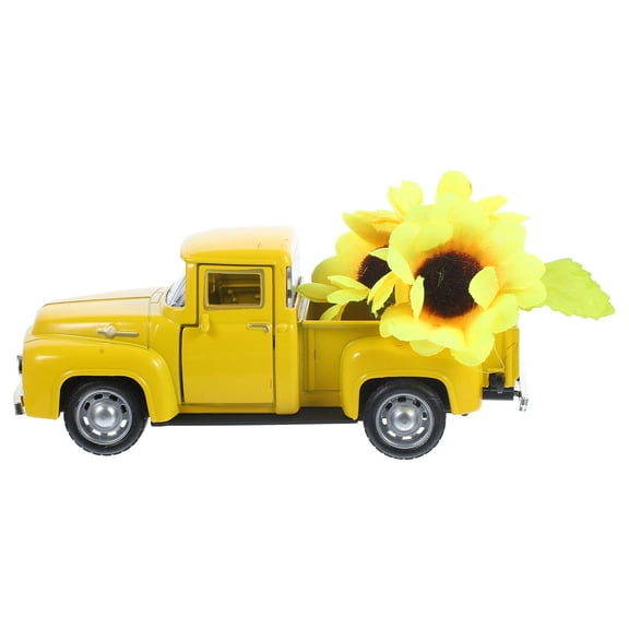 Yellow Truck Ornament Vintage Decor The Office Tier Serving Tray Car Trim Tiered Metal Pickup with Sunflowers